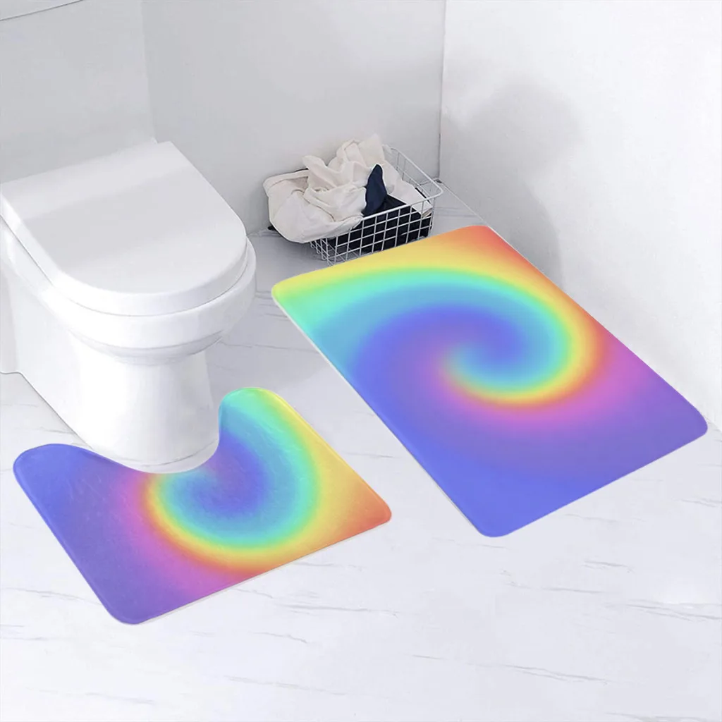 Pretty Pastel Rainbow Spiral 2 Sets Bathroom Antiskid Pad Bath Carpet Floor Mat Rug Flannel Baths Mat Bathroom Washable