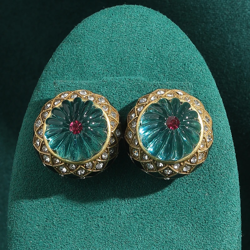 

Vintage Pumpkin Blue Stud Earrings Rhinestones Round Gold Color Woman Halloween Accessory Luxury Designer Jewelry Gifts For Girl