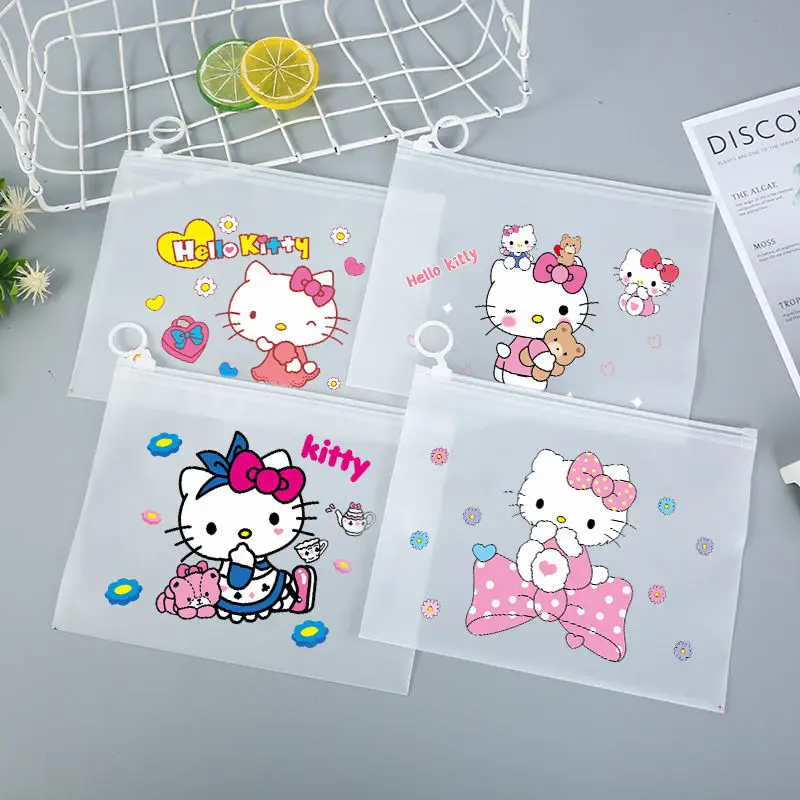 

4Pcs Sweet Hello Kitty Anime Kawaii Sanrio Ins Ziplock Bag Cute Cartoon Kt Cat A5 Storage Handbag Lovely Toys Gifts for Kids