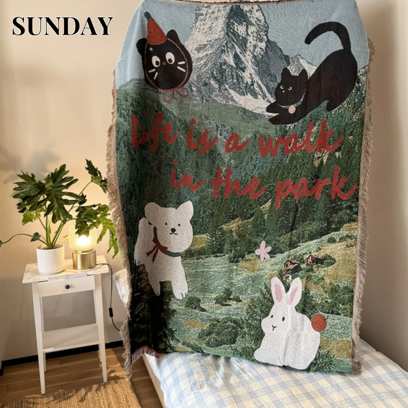 

Retro Art Animals Blankets for Beds Korean Style Picnic Blanket Outdoor Camping Mat Cats Dogs Decorative Tapestry Throw Blanket