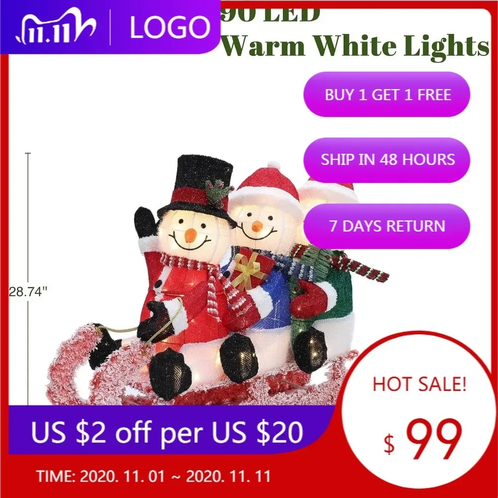 

Glowing Snowman Trio Outdoor Christmas Display, Pre-lit Frosted Family Sled Decoration