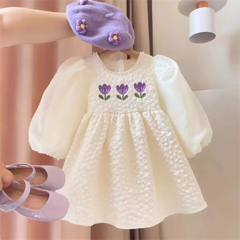 

Korean Style Spring And Autumn New Girl Cute Dress Kids Bubble Sleeve Embroidered Flower Princess Dress