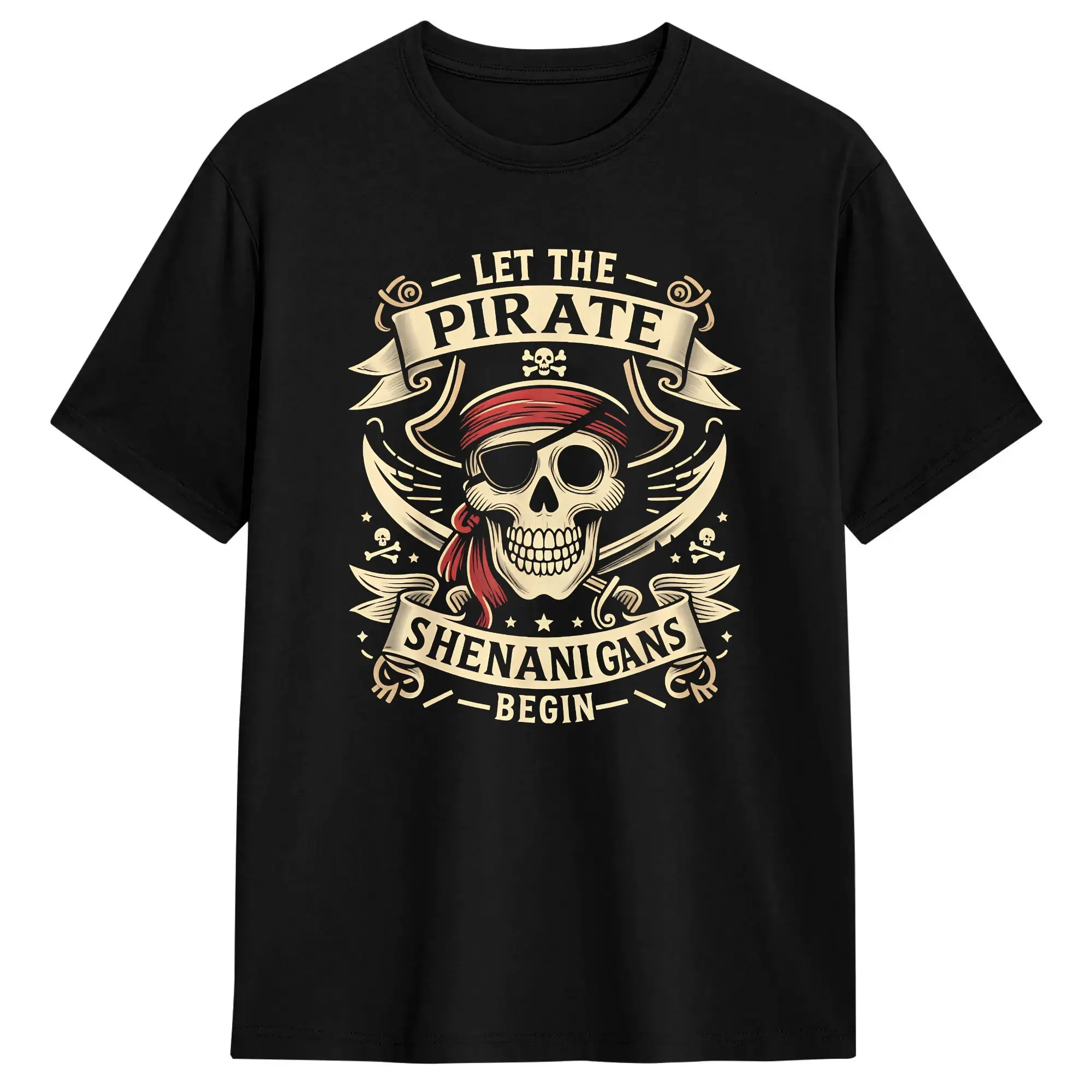 Halloween Skull Let The Pirate Shenanigans Begin Men's T Shirts Funny Tee Shirt Short Sleeve Round Neck T-Shirt 100% Cotton Tops