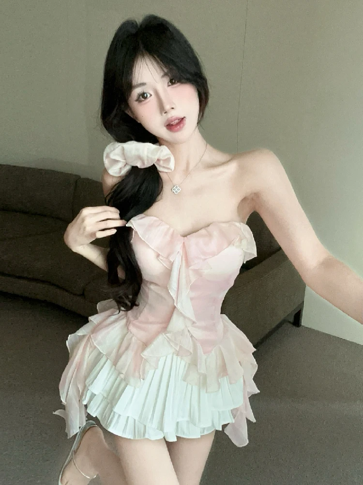 

Pure Desire Style High Waist Slim Fit Bridesmaid Set with Lace Trim And Clavicle Exposure Tank Top And Cake Short Skirt