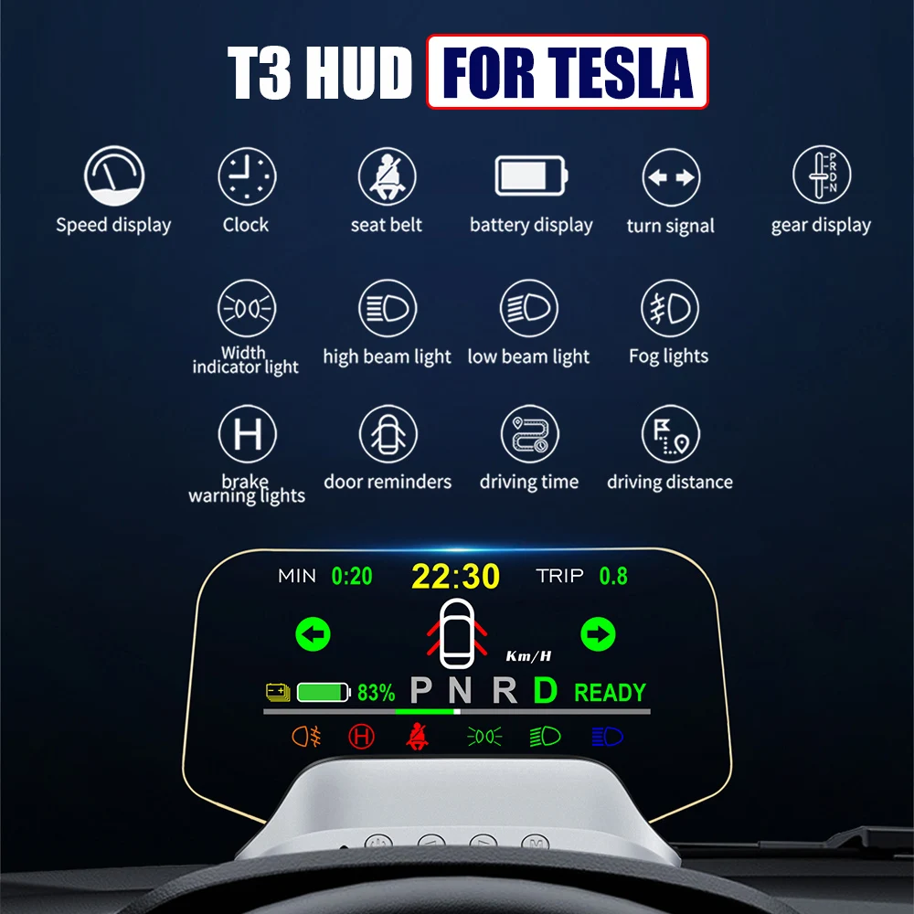 Digital Alarm Set Speedometer RPM T3 HUD Mirror Projector Car Head Up Display For Tesla Model 3 Y 2019-2022