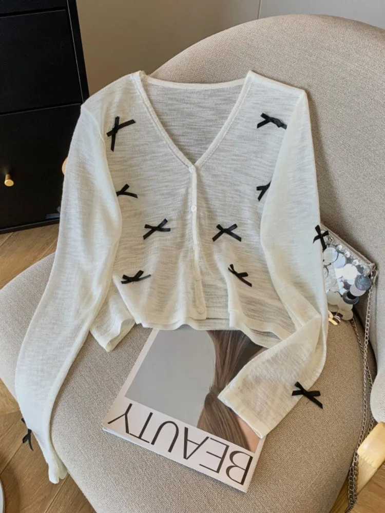 Summer Bow Cardigan Women Clothing Pull Femme Vintage Long Sleeve Knitted Thin Sweater Coat Single Breasted Chic Sueter Mujer