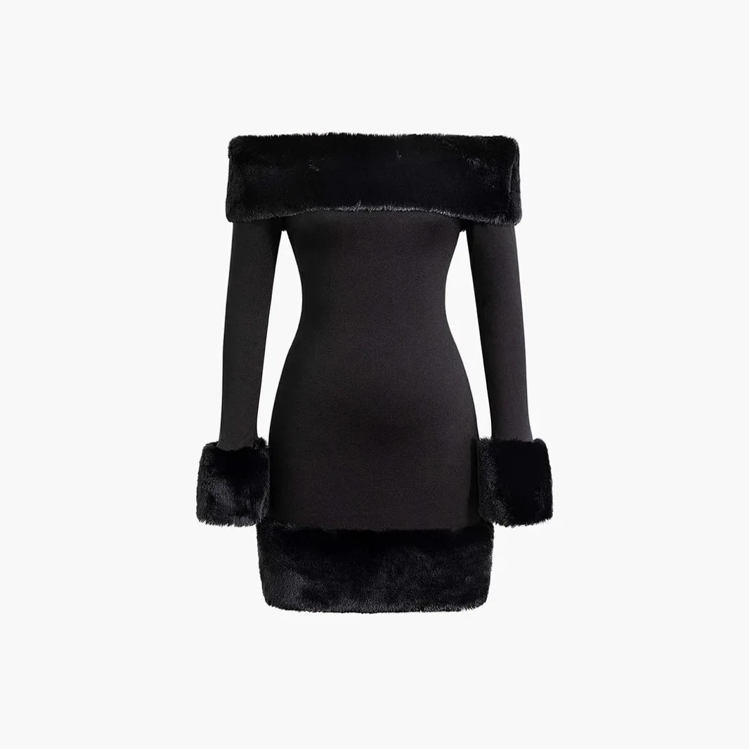 

Winter Black Faux Fur Long Sleeve Off Shoulder Bodycon Dress Women Sexy Party Wear Evening Club Outfit Cold Weather Fashion