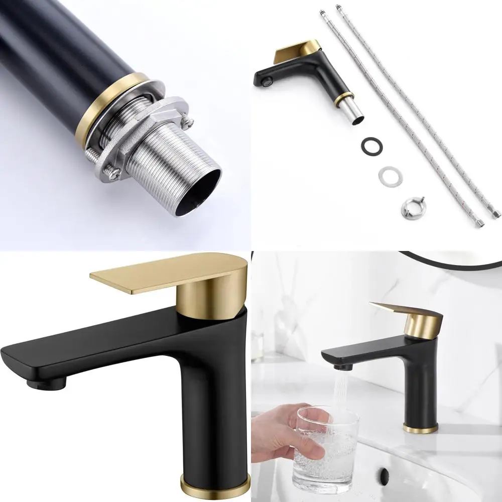 

Black and Gold Modern 304 Stainless Steel Single Handle Bathroom Sink Faucet, Lead-Free Vanity Washbasin Mixer Tap