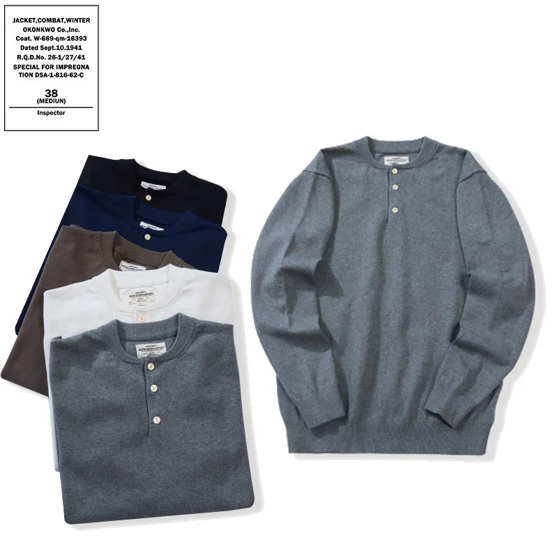 

Осень-зима, 100% хлопок, однотонный пуловер, трикотажная рубашка с длинными рукавами - мужская футболка с воротником Генри (футболка Henry) OKONKWO