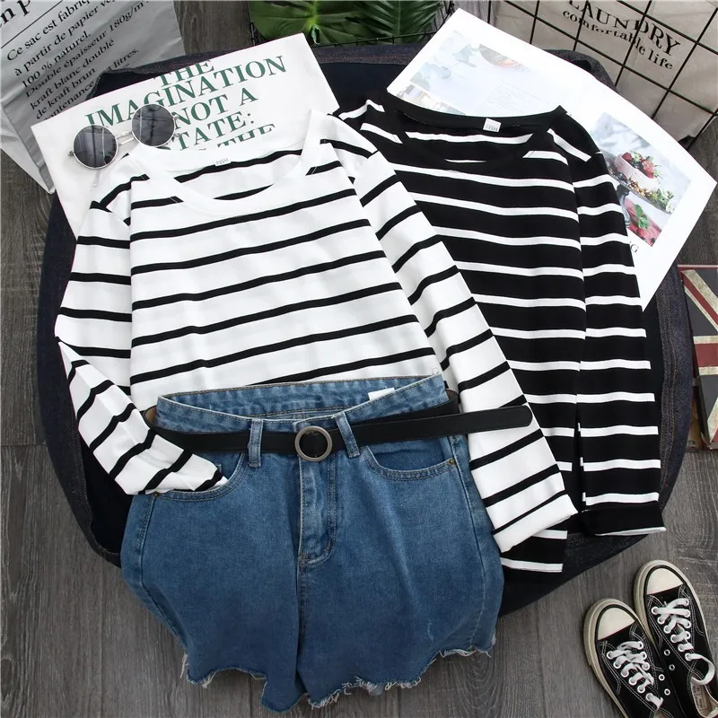 Women Loose Stripes Print Top Autumn Round Collar Long Sleeve Casual Simple Wild T-Shirt Female Black White Cotton Top Tee Shirt