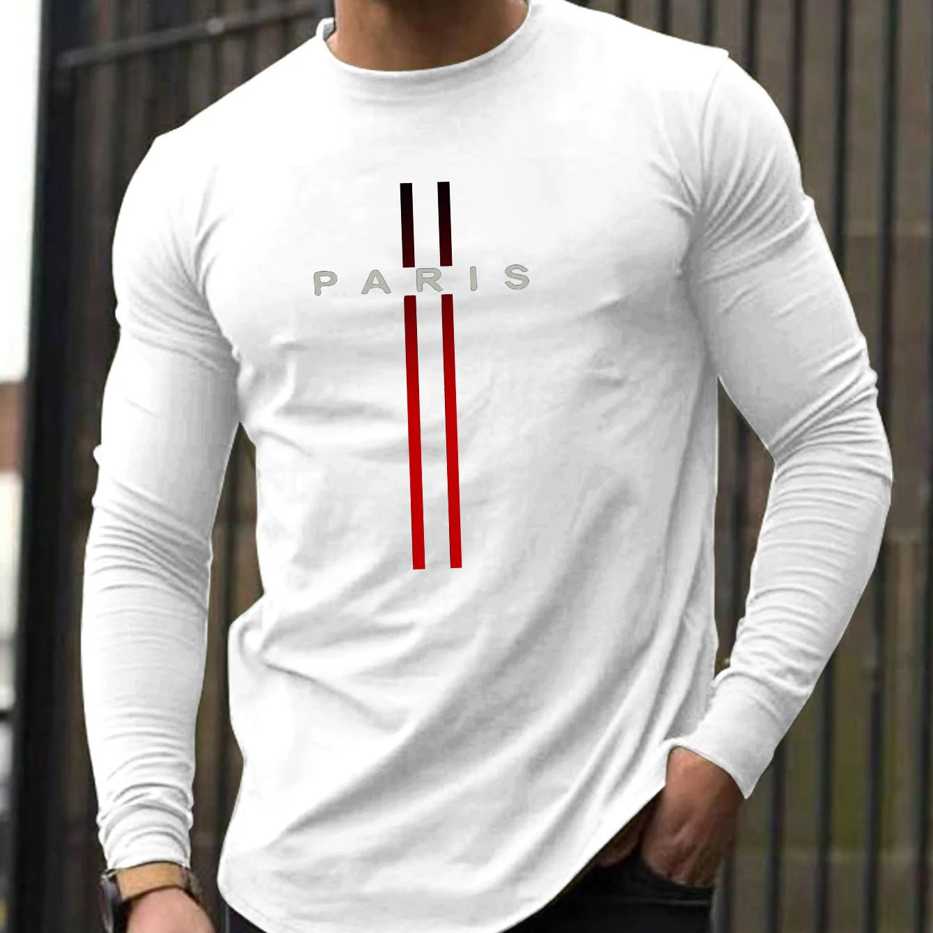 100% algodão puro masculino manga comprida em torno do pescoço solto casual paris padrão impresso primavera e outono versátil camiseta topo