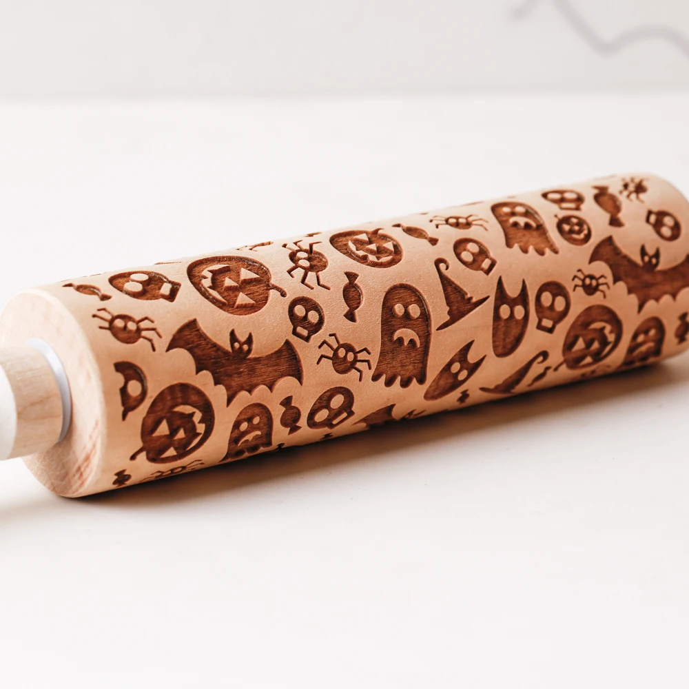 1pc 13.7in Wooden Halloween Rolling Pin With Pattern For Kitchen Pastry Baking Tools Deep Engraving Cookies Stamp Tool