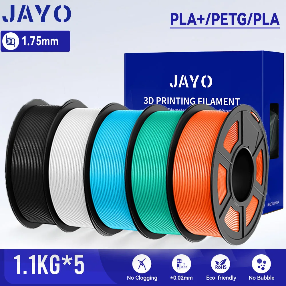 JAYO 3D PETG/PLA/PLA+ Filament 1.75mm +/-0.02mm PLA Filament 5 Rolls For Bambu FDM 3D Printer Neatly Wound 3D Printing Material