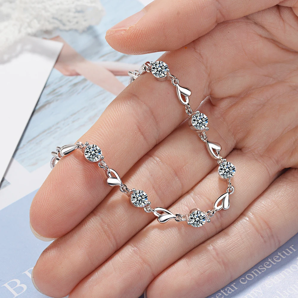 925 Sterling Silver Zircon Lovers Heart Shaped Bracelets Crystals For Women Valentines Gift Wedding Party Noble Jewelry