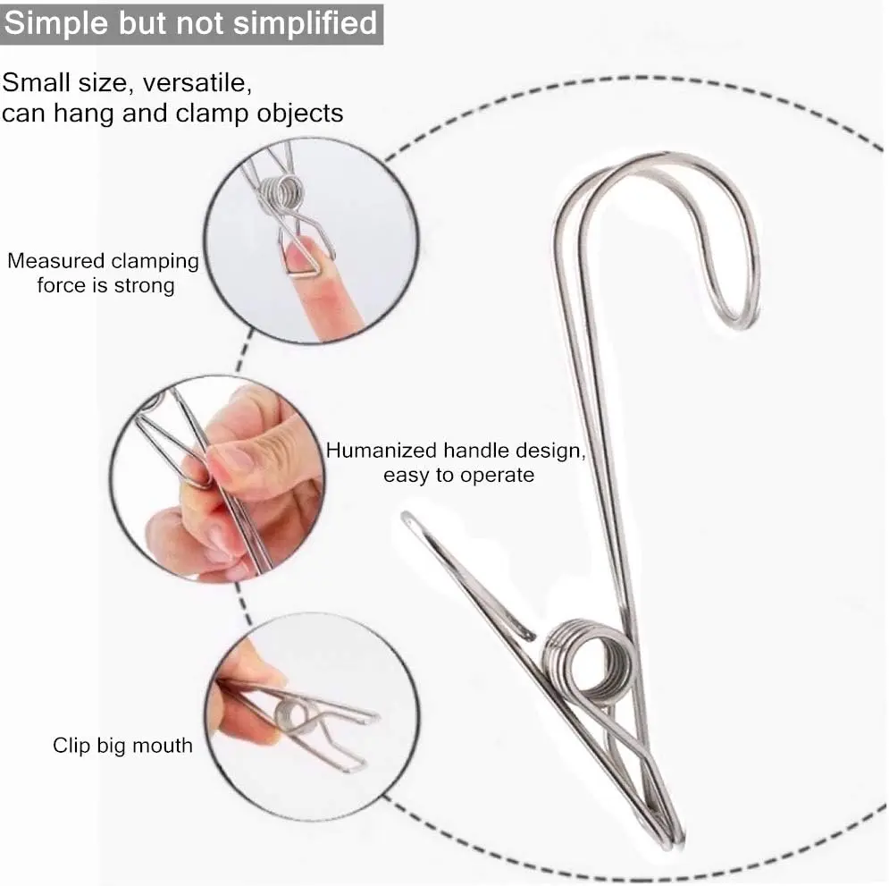 ステンレス鋼のCloththespinsフック付き、金属製のスプリングクリップ、吊り下げフック、ユニバーサル、オフィス、キッチン、バスルーム、10個に適合