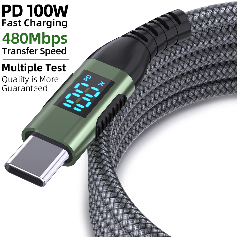 100 واط USB C إلى USB C كابل نوع C PD 5A FastCharging لشاشة LED النايلون مضفر شاحن الحبل آيفون 16 15 ماك بوك باد