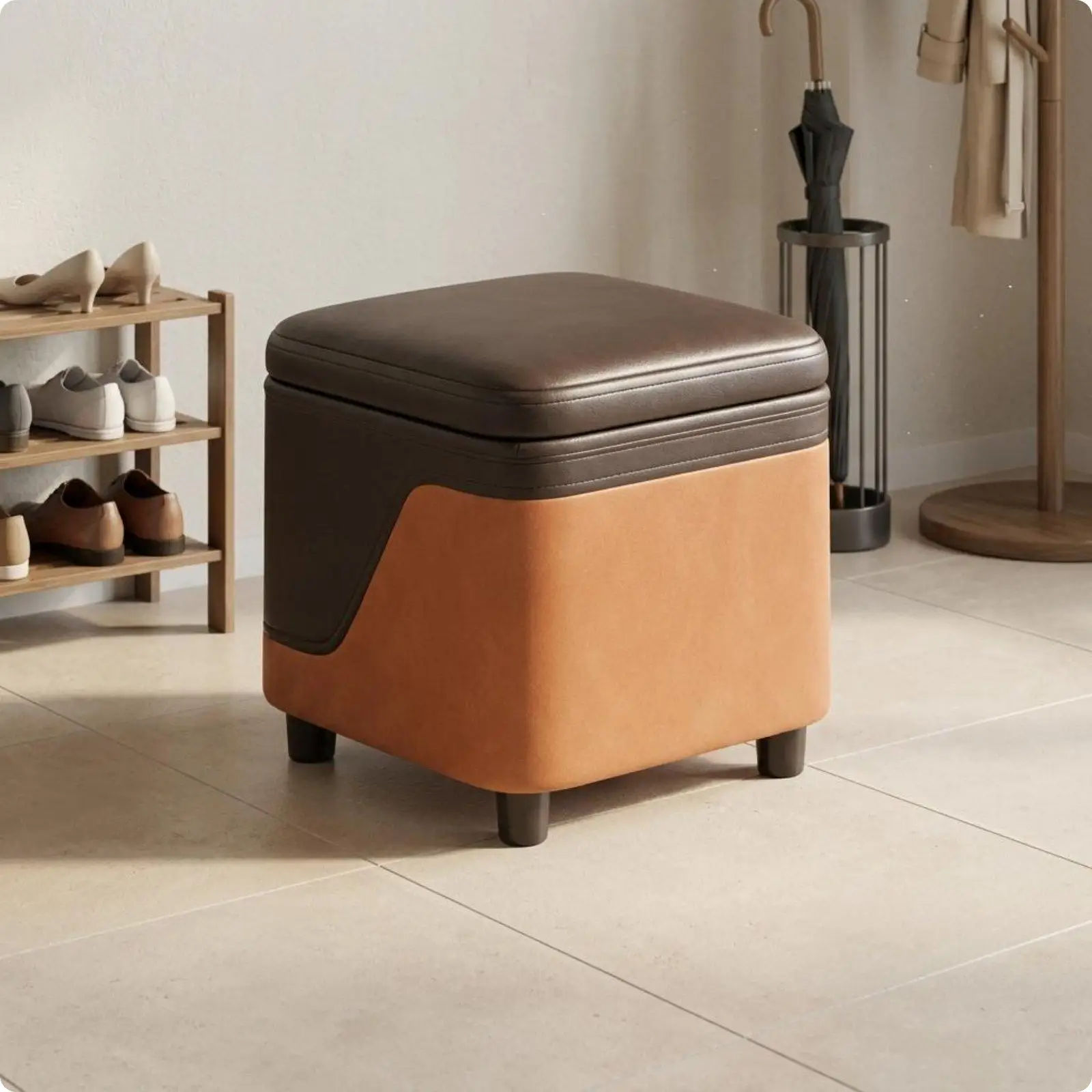 Small Storage Stool Solid Wood Seat with Hidden Compartment for Bedroom Corner Decor