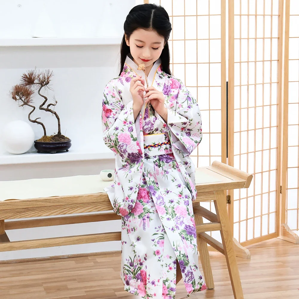 Peignoir kimono japonais rouge pour enfants, robe imprimée fleur, vêtements de performance pour filles, costume de cosplay doux