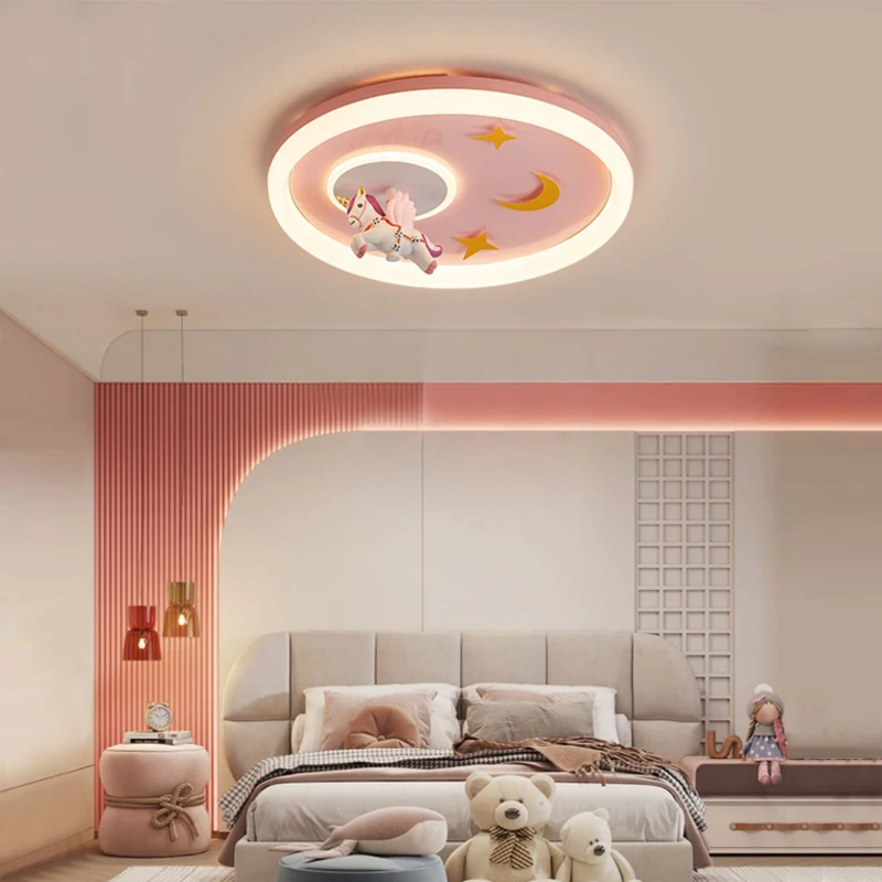 Kawaii Pink Unicorn Ceiling Chandelier for Kids Room Girl Bedroom Cartoon Pegasus LED Ceiling Lights Children Baby Princess Lamp