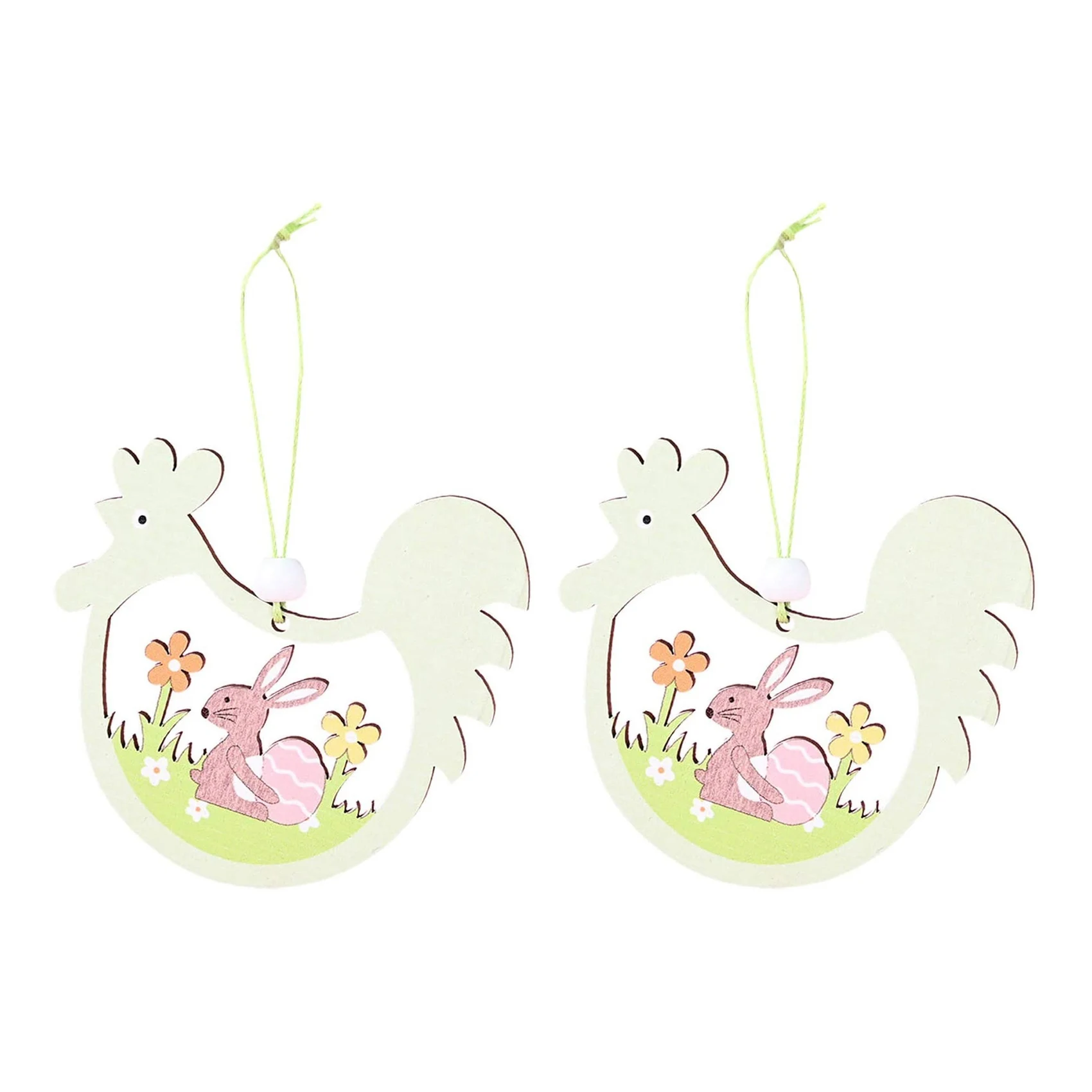 2Pcs Easter Hollow Chicken Shaped Pendant Wood Crafts Tags Rabbit Hanging Ornament Cutouts Gift for Party Decorations,