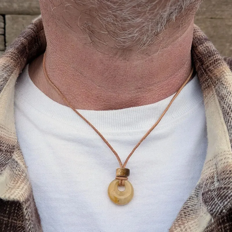 Men's Cowhide Rope Yellow Natural Stone Pendant Coconut Shell Surfing Necklace