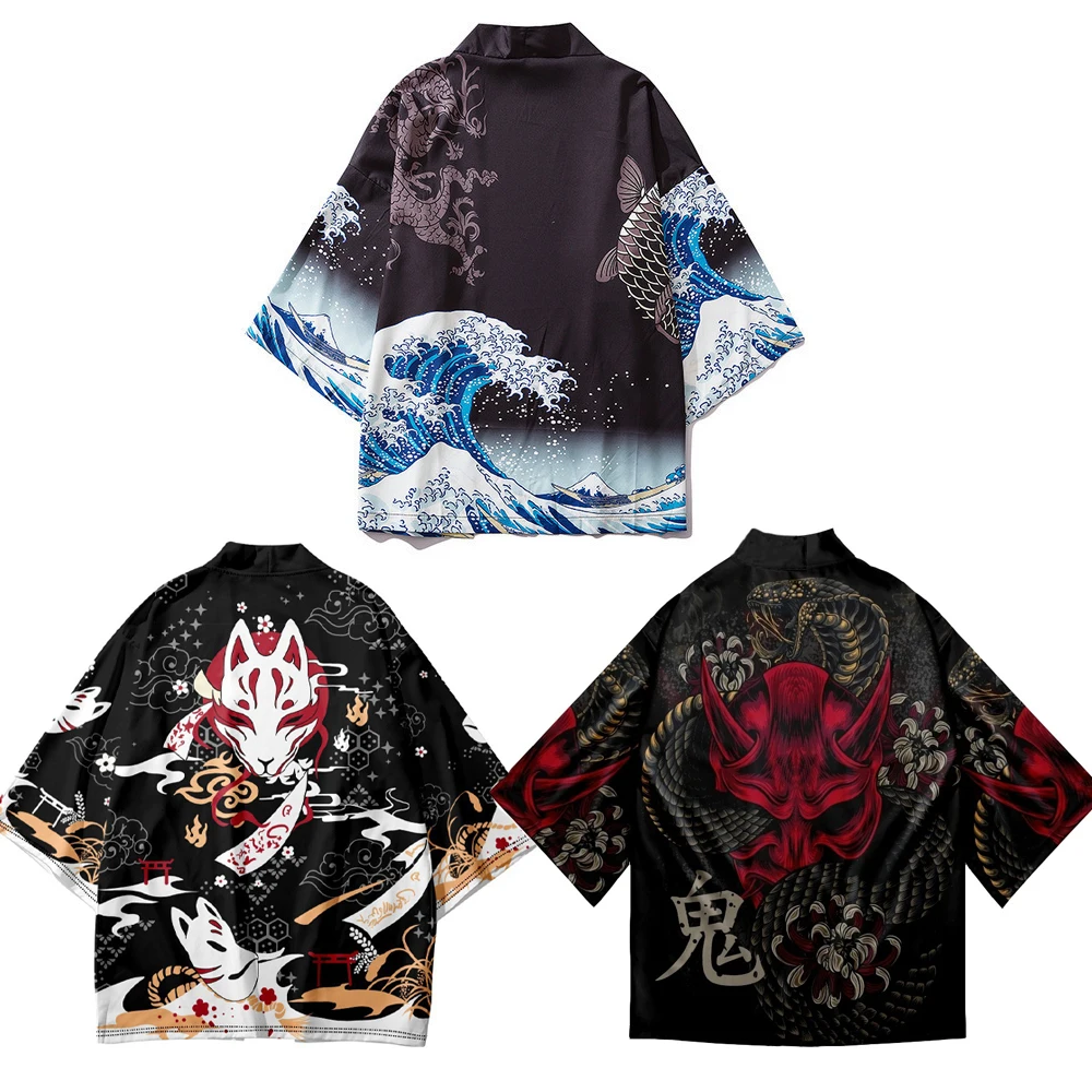 

Japanese Kimono Yukata Samurai Kimono Man Cat Print Shirt Harajuku Cardigan For Men Traditional Haori Sea Wave Print Women Fox