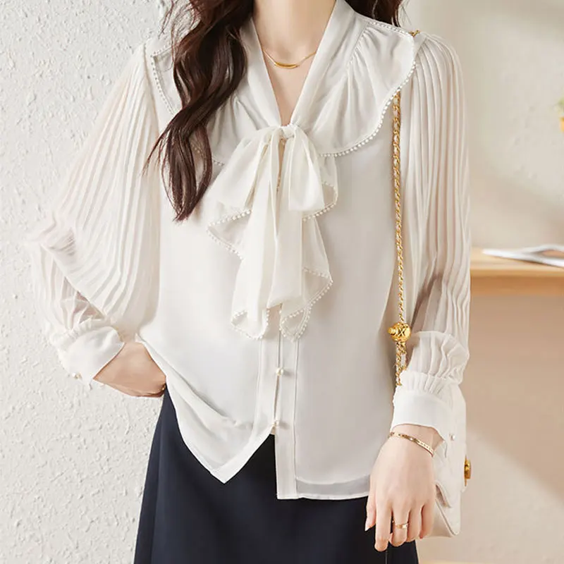 Office Lady Elegant Distressed Bow Blouse Fashion Scarf Collar Spring Korean Ruffles Patchwork Female Pleated Pearl Button Shirt