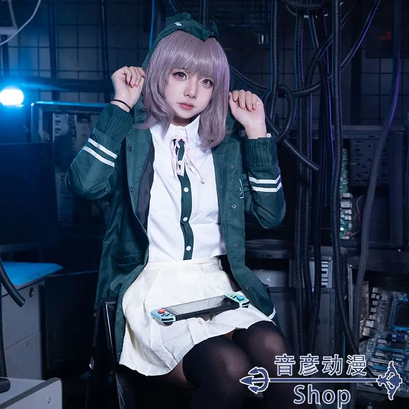 Cosplay Female Chiaki Nanami Cosplay Outfit Uniform Dress Green Pink Bear Backpack