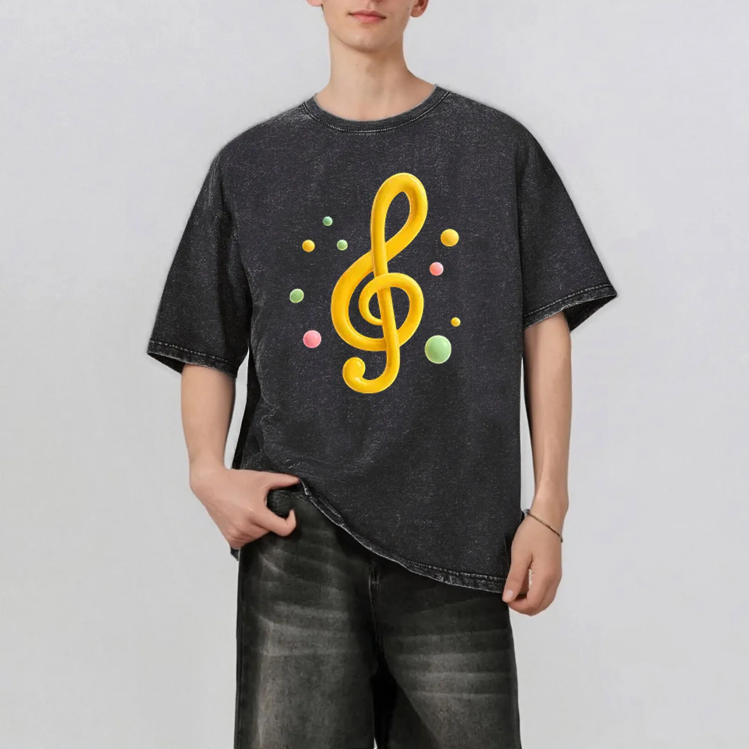 

Musical Note Pattern Rint Men's Summer Retro Style Washed Water T-Shirt Casual Short Sleeved Basic Men's Top 230G
