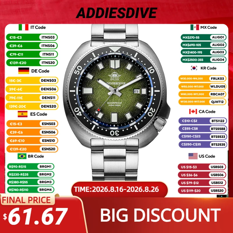 Diver Watch 300M - ADDIESDIVE クォーツ時計男性用ステンレス鋼サファイアガラス男性時計超発光 20Bar 防水ダイビング時計 AD2511