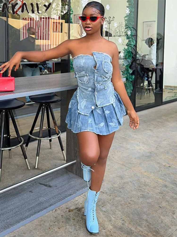 Akaily Summer Denim Sexy 2 Piece Set Casual Street Outfits Women 2024 Strapless Irregular Corset Tops And Pleated Mini Skirt Set