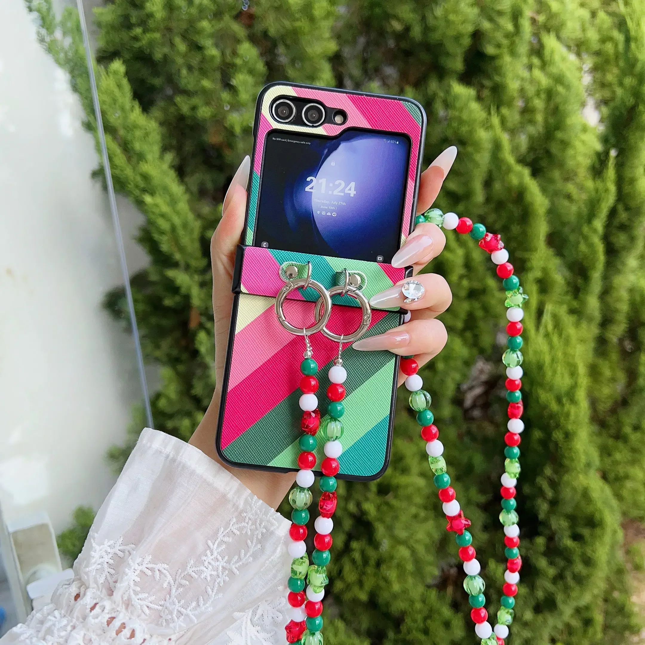 

Ремешок через плечо из искусственной кожи, рождественский красочный чехол с бусинами для Samsung Galaxy Z Flip 6 5 4 3, защитный чехол для телефона с петлями