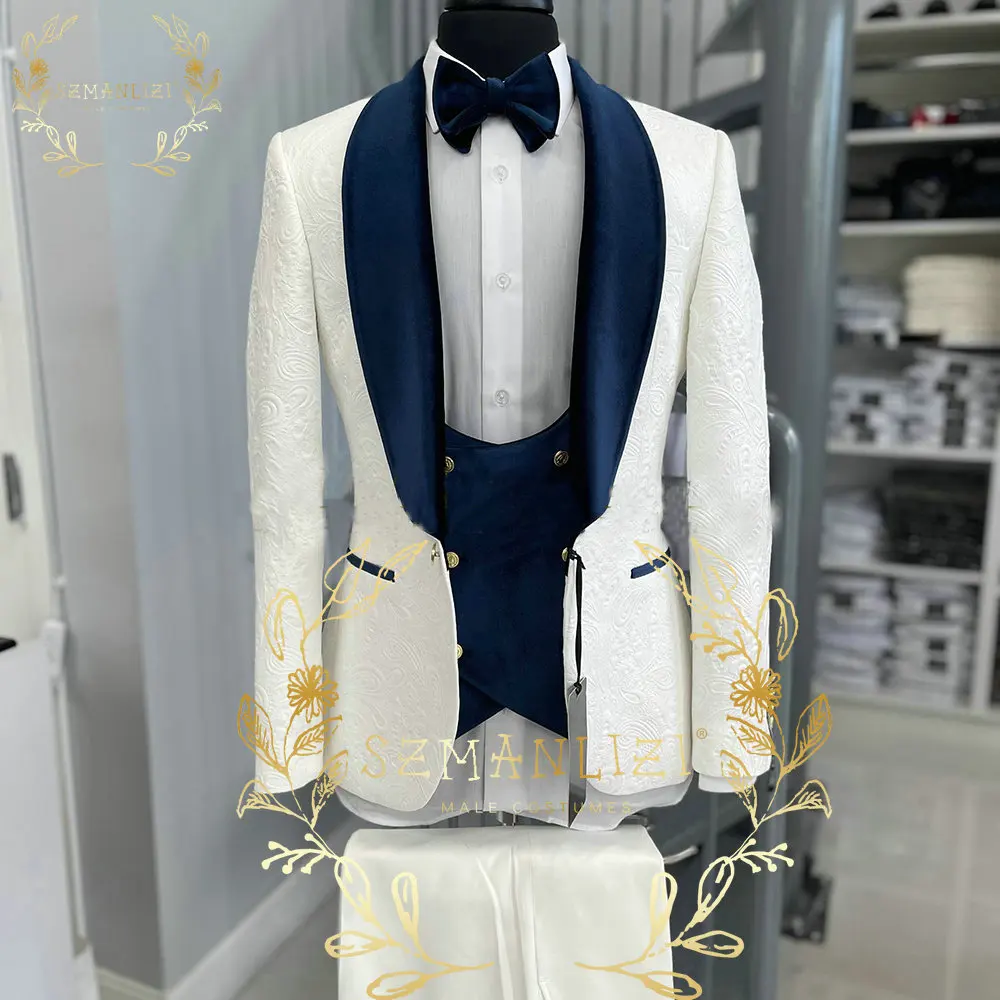 

Fashion Ivory Jacquard Pattern Slim Fit Men Suits 3 Pieces Set Groom Wedding Suit Tuxedo Groomsmen Party Blazer Terno Masculino