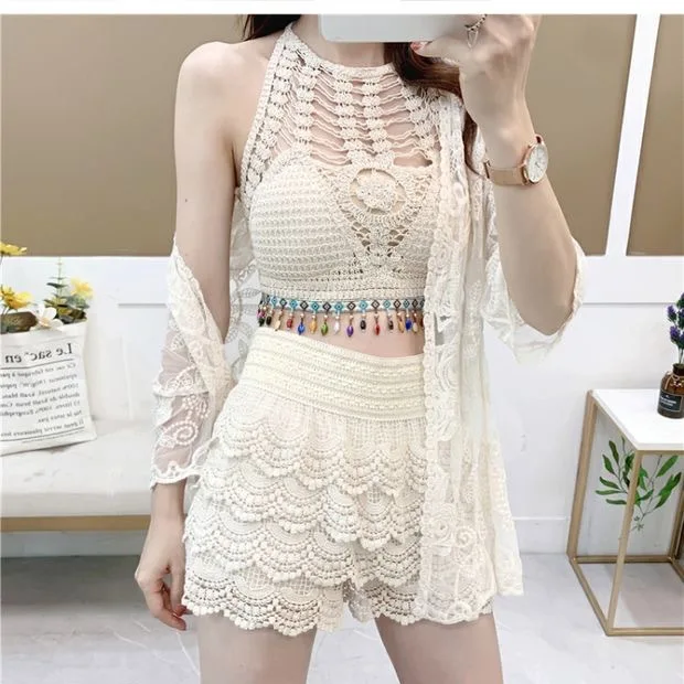 Bohemian Crochet Knitted Women 3 Piece Set Solid Sunscreen Shirt Tassel Tank Top Shorts Skirt Matching Set 2023 Summer Beachwear