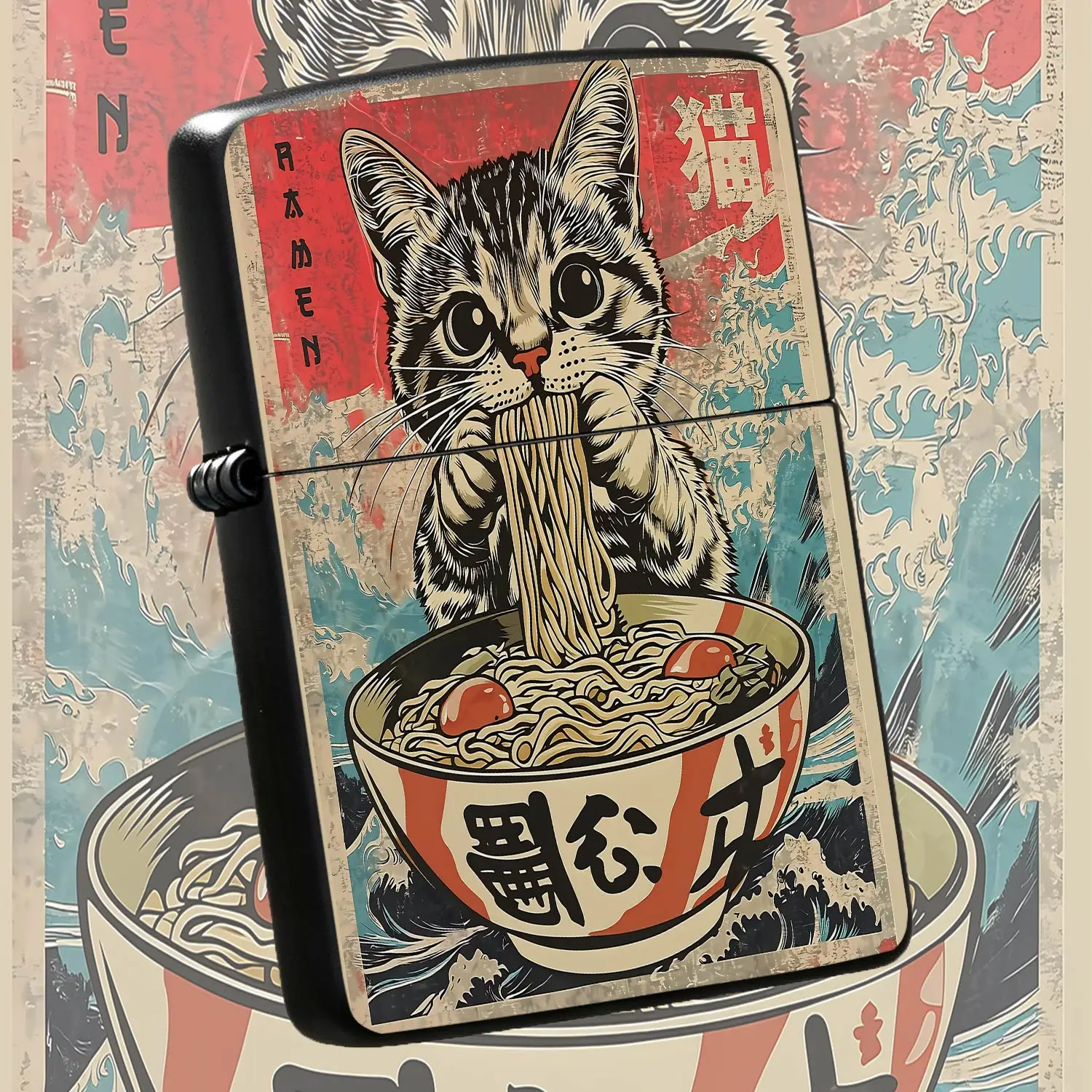 Vintage Ukiyo-E Style Cat Eating Noodles Lighter, Cute Ramen Kitten Pattern Portable Daily Use Accessory, Unique Aesthetic Decorative Gift For Friends Collection Enthusiasts, Suitable For Home Outdoor Travel Any Occasio A Humorous And Inter