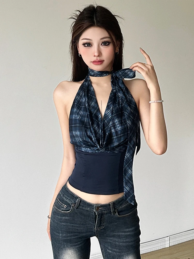 Korean Fashion Sleeveless Tank Tops Women Vintage Plaid Y2k Crop Top Female Casual Outdoors Backless Blouse Chic Streetwear