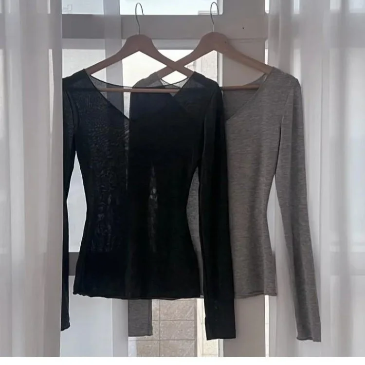 Slim Fit Long Sve Base irt Women's Sle Korean Knitted Top Pure Color V-Ne Highlight Chest Thin Waist Control Autumn ...