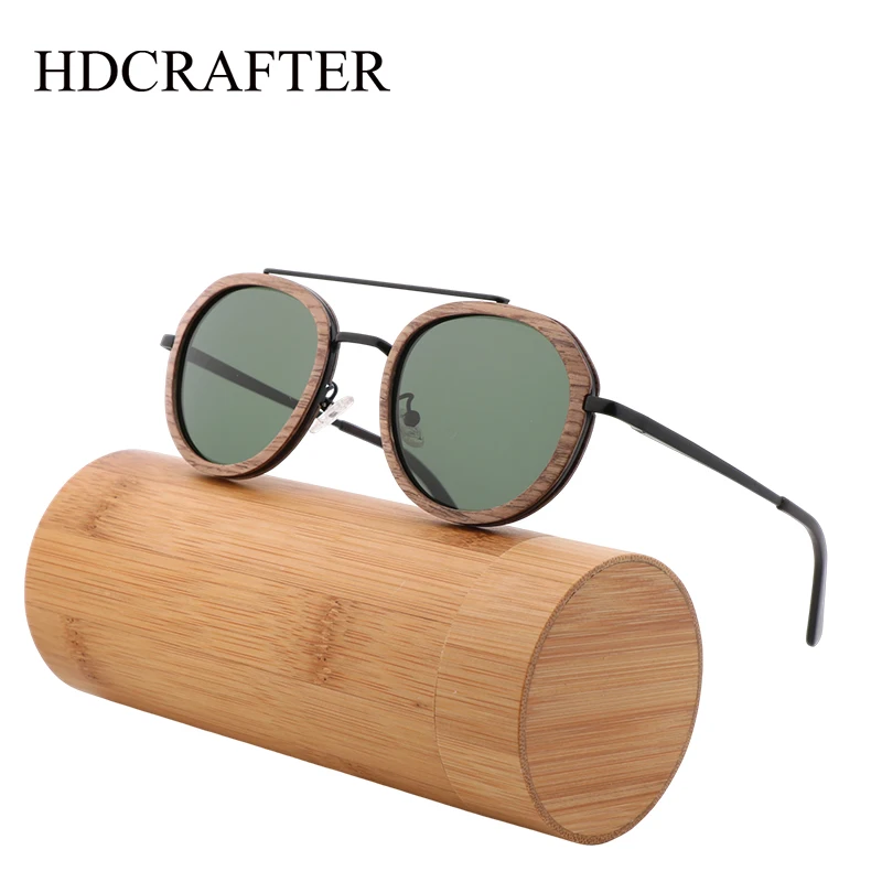 HDCRAFTER Sunglasses Women Men Optical Glass Nature Wooden Polarized Sunglasses Round Anti-Reflecti UV400 Sun Glasses Oculos