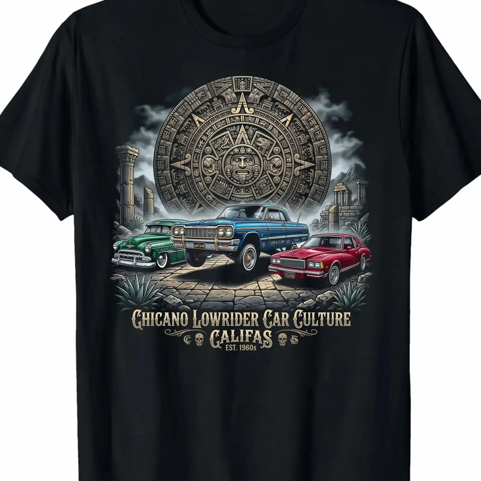 Aztec Sun Lowrider Cars T Shirt Classic Car Culture vintage Washed Stretched streetwear designer clothes Soft