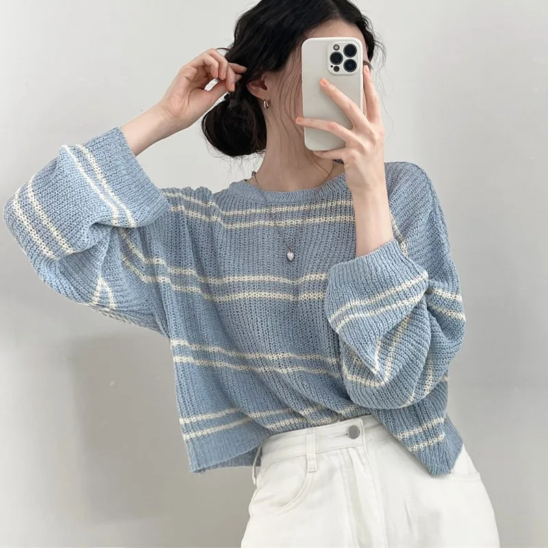 

Chic Stripe Long Sve Thin Knitted Top Women Summer ort Loose Sun Protection Cover up Outerwear irt Sweet Sle round Ne