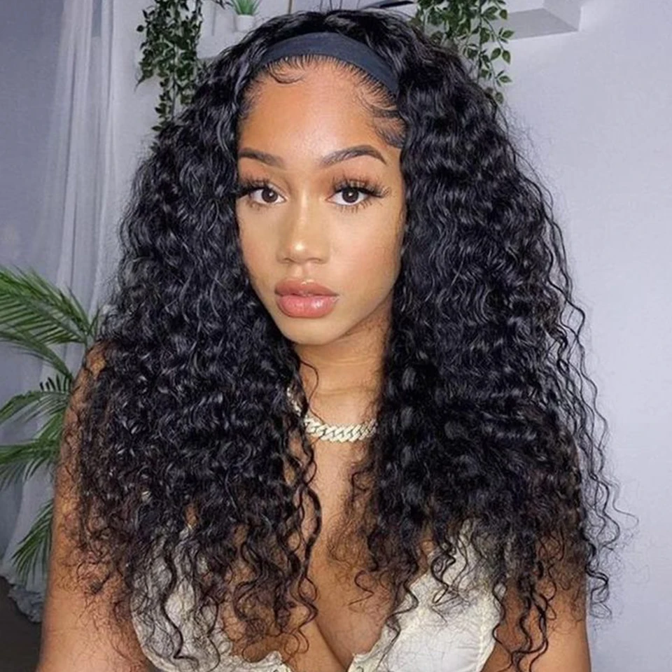 

Debut Mongolian Kinky Curly Human Hair Headband Wig For Black Women 180% Density Glueless Remy Jerry Curl Full Machine Made Hair