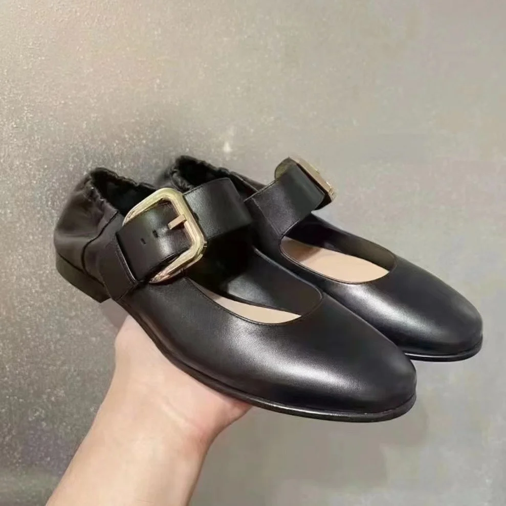 

Big Size 43 Black White Olive-green Round Toe Ballet Flats Mary Jane Shoes Elegant Elastic Heel Buckle Luxury Women's Shoes