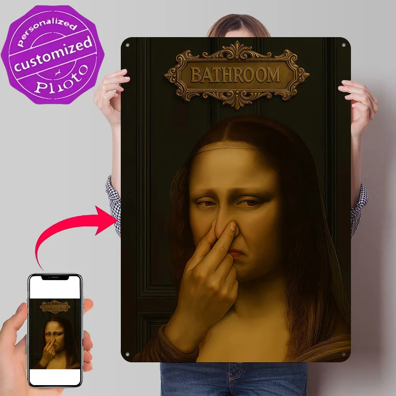 Mona Lisa Bathroom Stink Personalized 3D Textured Metal Poster Wall Art Tinplate Sign for Gaming Room Decoration Man Wand Deko