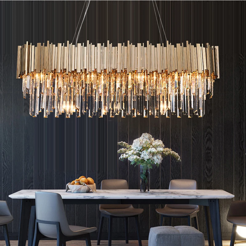 

Gold Crystal Chandelier Lighting For Dining Room Modern Hanging Lamp For Kitchen Island Bar Oval Chrome Hanging Light Fixture
