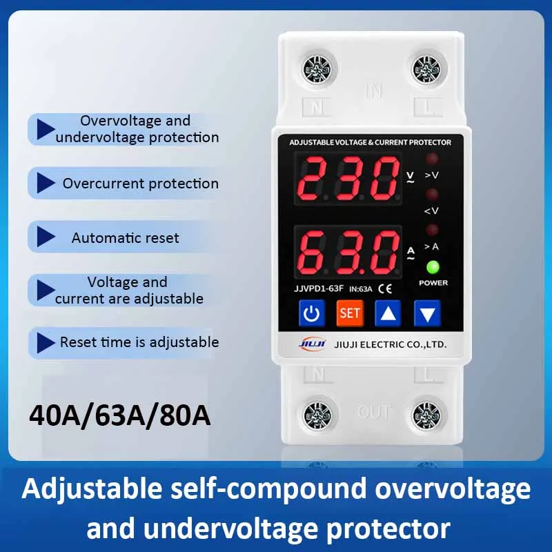 

Automatic Reset Voltage Protector 40A 63A 80A Adjustable Digital Intelligent Dual Display Overvoltage and Undervoltage Protector