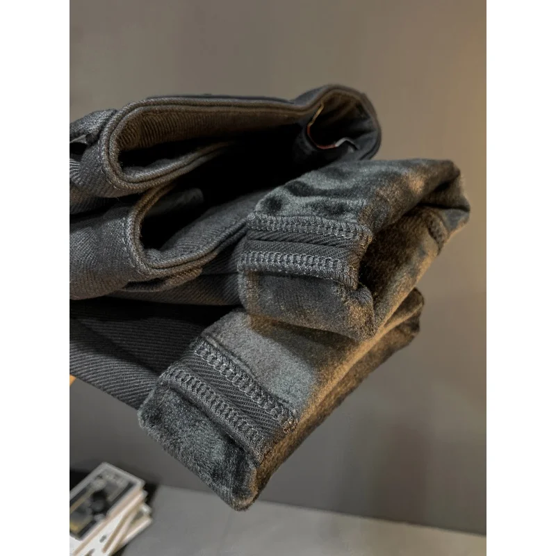 Black Jeans Men's Fleece-Lined Thickened Winter Warm Stretch Simple Slim Fit Comfortable All-Match Office High-End Pants