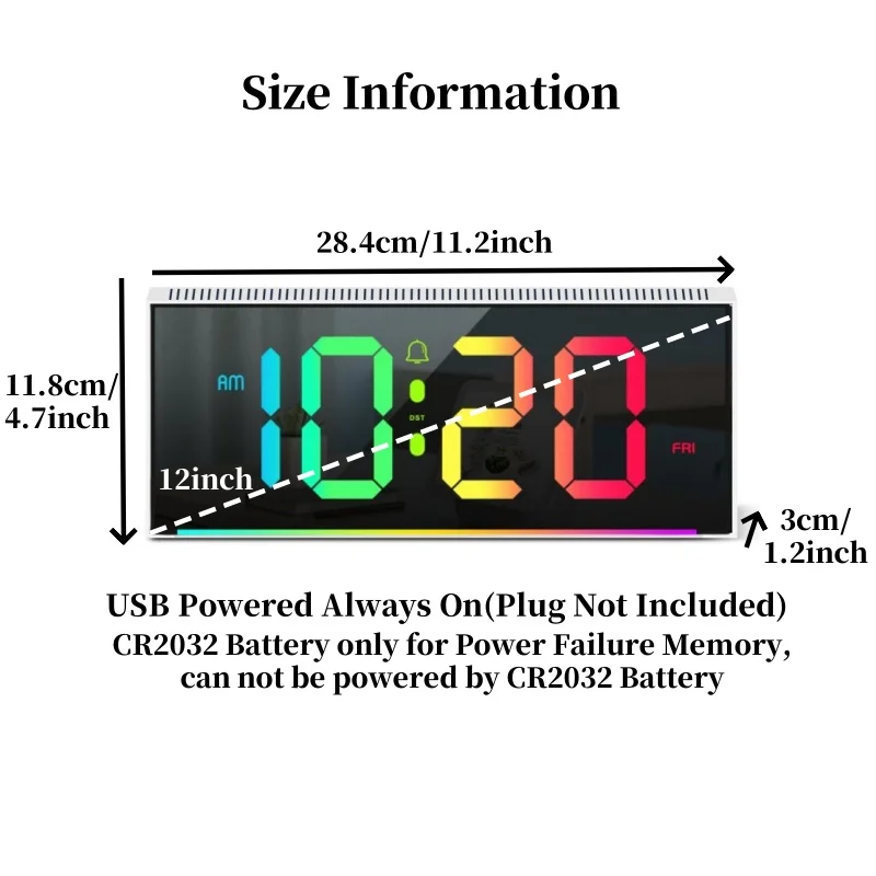11.2 Inch Large Digital Wall Clock with Remote 14 Colors RGB Mood Light Auto-Dimming Time/Calendar Mode DST 12/24H Table Clock