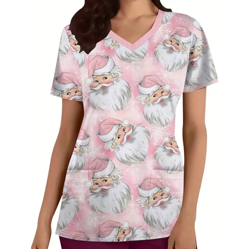 

Scrub Medical Woman Summer Christmas Snowman Print V-Neck Short Sleeves Cute Nursing Uniforms Tops Dental Women's Nurse Clothes