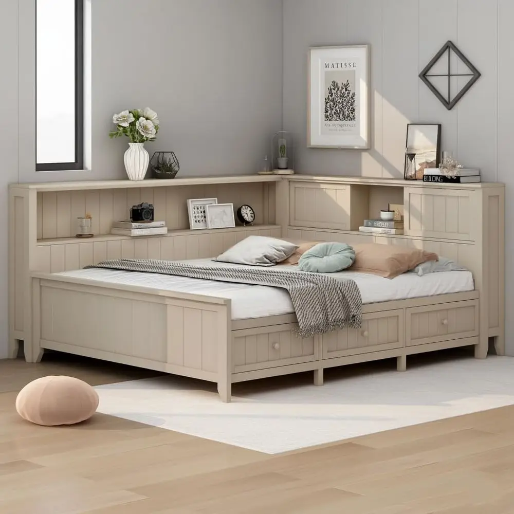 Large Storage Daybed with Solid Wood, Shelves for Living Room, White Milk Finish