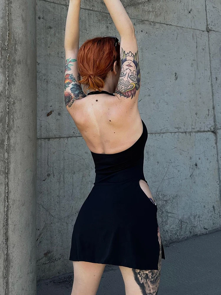 AltGoth Gothic Sexy Dress Women Streetwear Harajuku Y2k Emo High Waist Hollow Out Spaghetti Strap Backless Halter Dress Clubwear